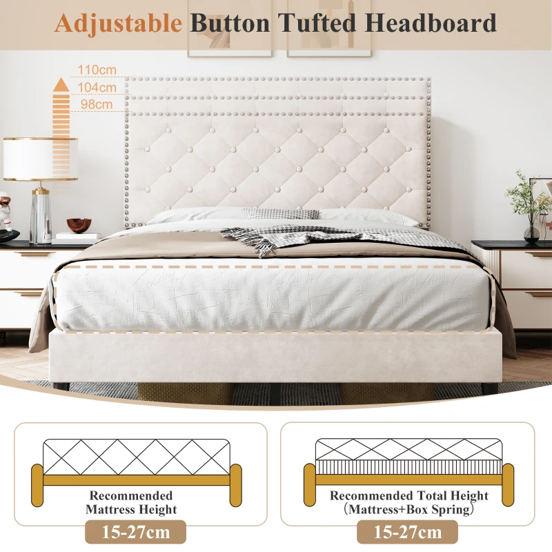 Double Upholstered Velvet Bedstead with Button-Tufted Headboard, Noise-Free Design, Solid Wood Slats, 193L x 141W x 110H cm, Beige