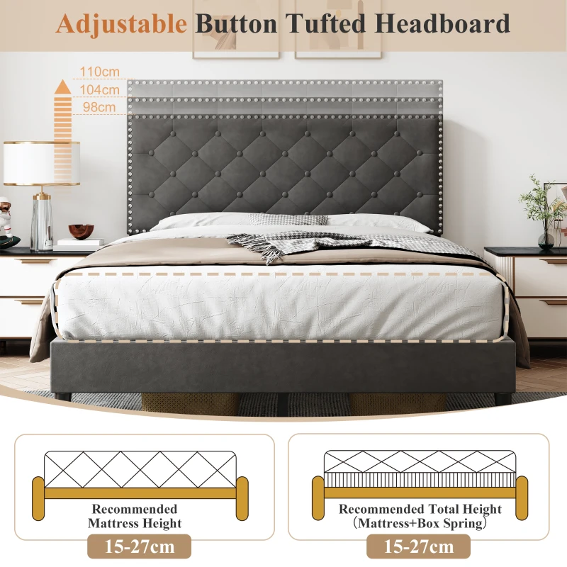 Upholstered Bed Frame with Adjustable Button-Tufted Headboard, Solid Wood Slats, Easy Assembly, 193L x 141W x 110H cm, Grey