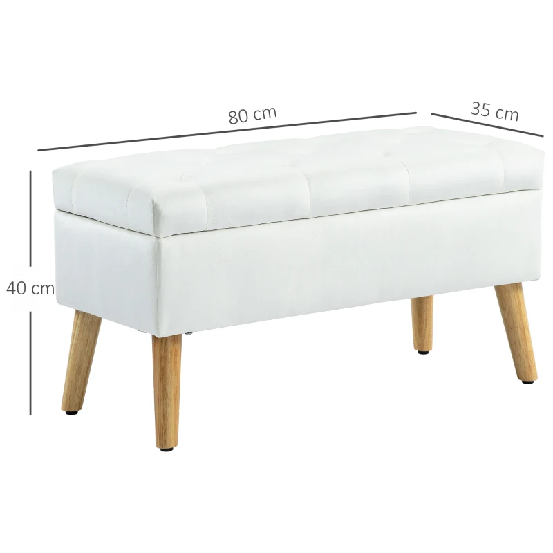 HOMCOM Tapicerowana ławka z miejscem do przechowywania, obicie w aksamitnym wykończeniu, nogi z drewna, do salonu, sypialni, przedpokoju, 80 x 35 x 40 cm, Biały