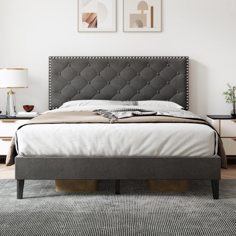 Double Upholstered Velvet Bed Frame with Adjustable Button Tufted Headboard Grey Aosom.UK