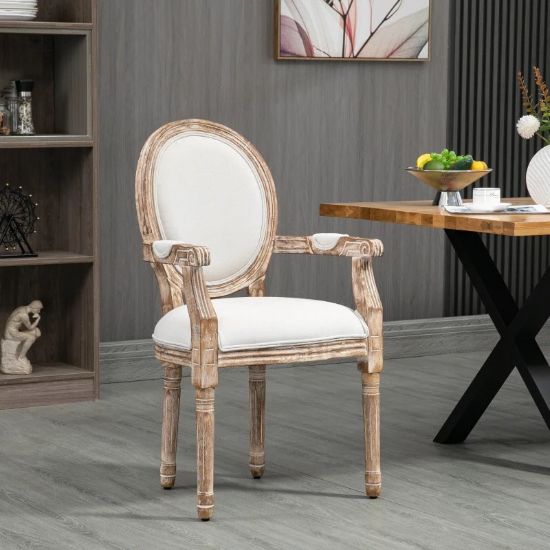 HOMCOM Küchenstuhl mit Armlehnen Polsterstuhl Esszimmerstuhl Retro-Design im Leinen-Optik für Wohnzimmer Gummiholz Cremeweiß+ helle Holzfarbe 56 x 56 x 96 cm