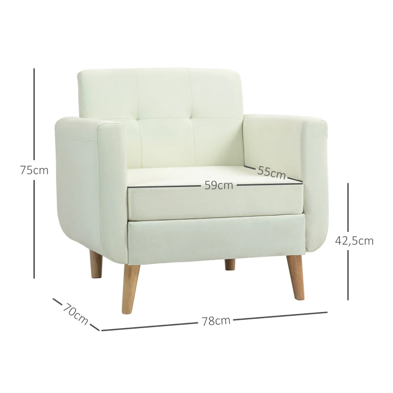 HOMCOM Poltrona Sala de Estar Moderna com Apoio para os Braços e Pés de Madeira Carga 125 kg 78x70x75 cm Creme