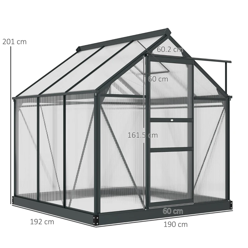 Outsunny 6 x 6ft Polycarbonate Greenhouse, Large Walk-In Green House with Slide Door and Window, Garden Plants Grow House with Aluminium Frame and Foundation, Grey(m-3)