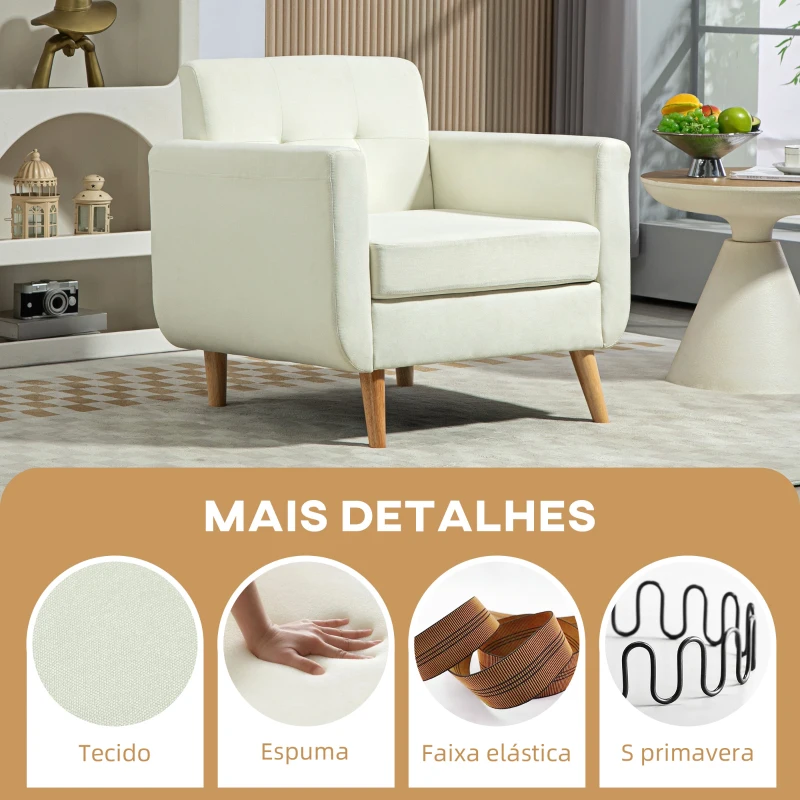 HOMCOM Poltrona Sala de Estar Moderna com Apoio para os Braços e Pés de Madeira Carga 125 kg 78x70x75 cm Creme