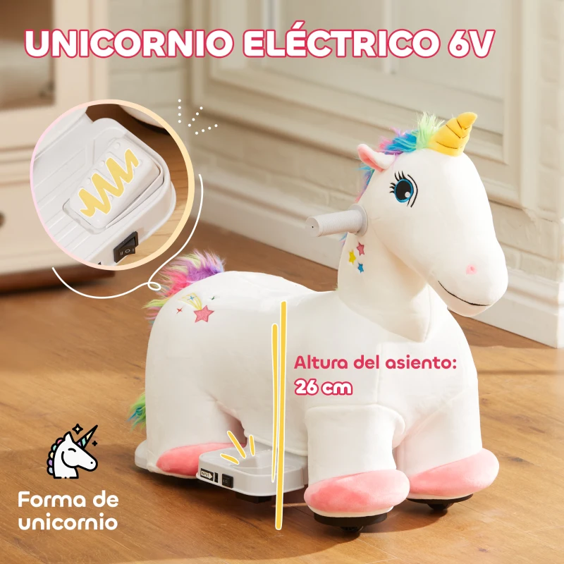 AIYAPLAY Unicornio Eléctrico para Niños de 18 a 36 Meses con Batería 6V y Música Carga 25 kg 69x34x53 cm Blanco