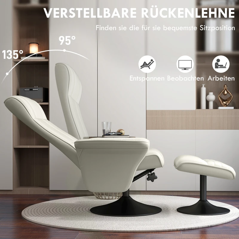 HOMCOM Relaxfauteuil, TV-Fauteuil met Voetenbank, Draaibaar, Ergonomisch, in Microvezellook, Tot 150 kg, Crèmewit