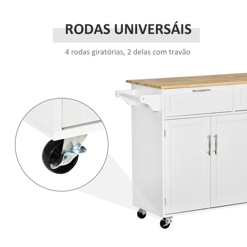 HOMCOM Carrinho de Cozinha com Rodas 2 Gavetas 3 Portas Prateleiras Ajustáveis e Barra para Sala de Jantar 121x46x91 cm Branco