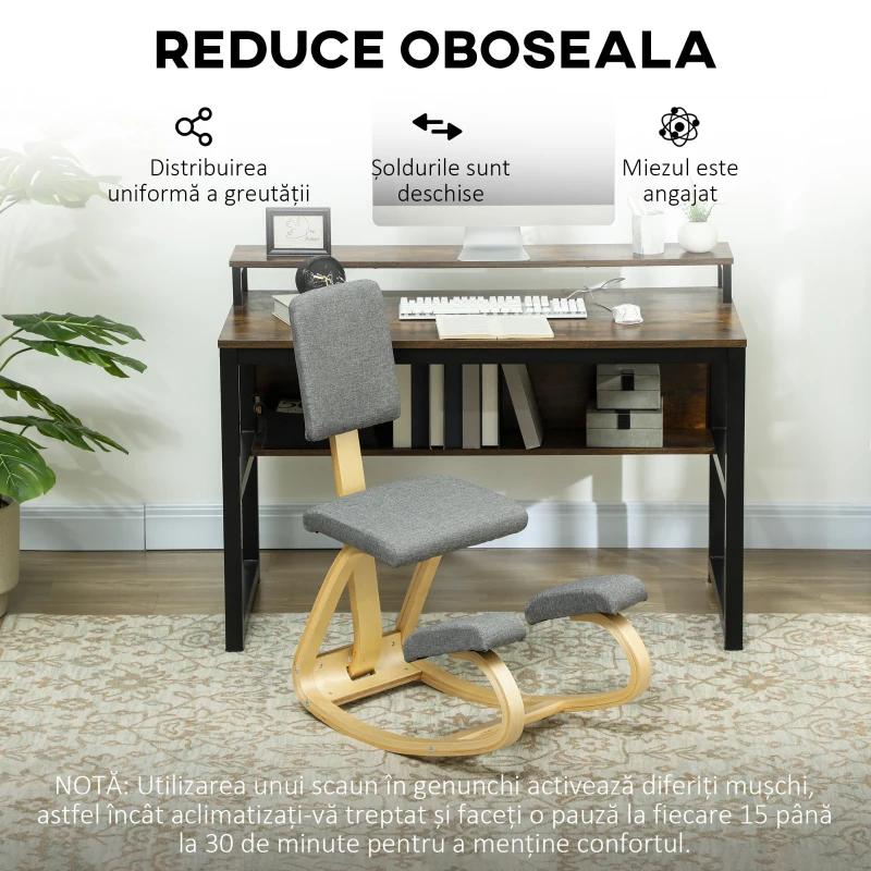 HOMCOM Scaun Ergonomic cu Mișcare de Legănare, Scaun Ergonomic Postural din Țesătură, 51x84x93 cm, Gri