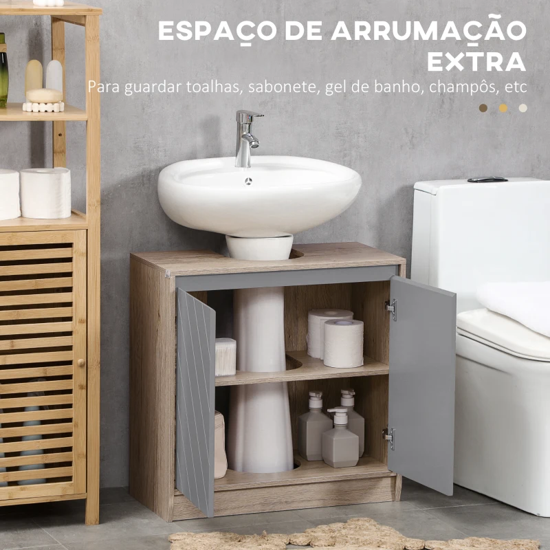 HOMCOM Móvel para Lavatório Casa de Banho com Porta Dupla e Prateleira Ajustável Carga 50kg 60x30x59,8 cm Carvalho e Cinza