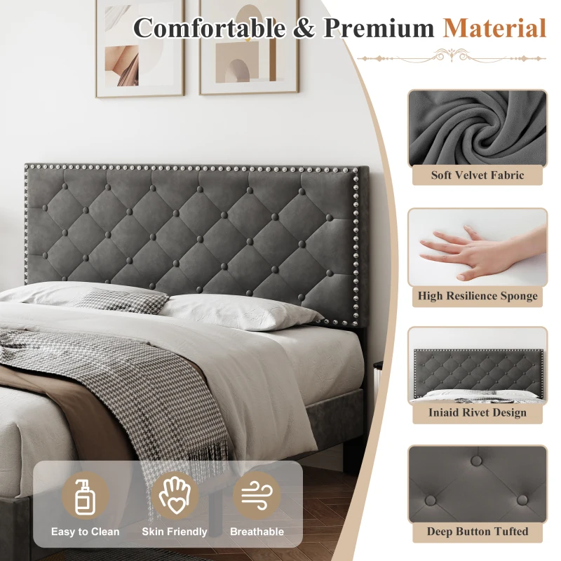 Upholstered Bed Frame with Adjustable Button-Tufted Headboard, Solid Wood Slats, Easy Assembly, 193L x 141W x 110H cm, Grey
