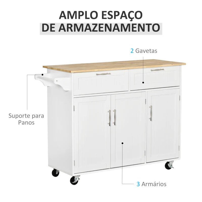 HOMCOM Carrinho de Cozinha com Rodas 2 Gavetas 3 Portas Prateleiras Ajustáveis e Barra para Sala de Jantar 121x46x91 cm Branco