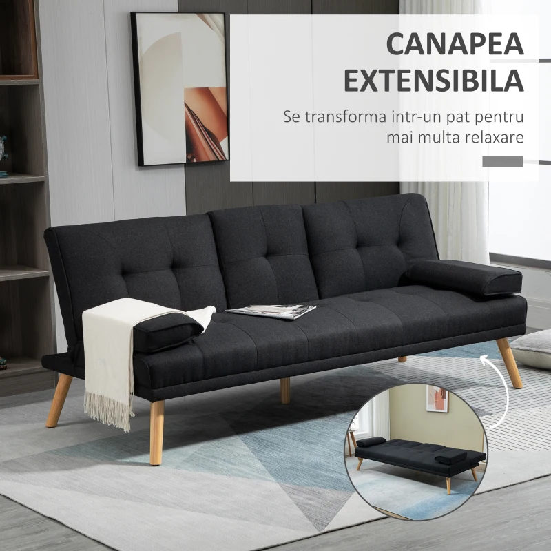 HOMCOM Canapea Extensibilă cu 3 Locuri, 2 Brațe Detașabile și Suport pentru Pahare, 181x77x78 cm, Gri(m-4)