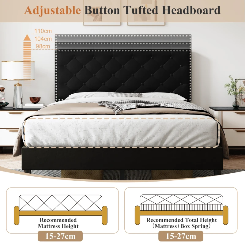 Upholstered Velvet Double Bed Base with Adjustable Wood Headboard, Solid Wood Slats, Easy Assembly, 193L x 141W x 110H cm, Black