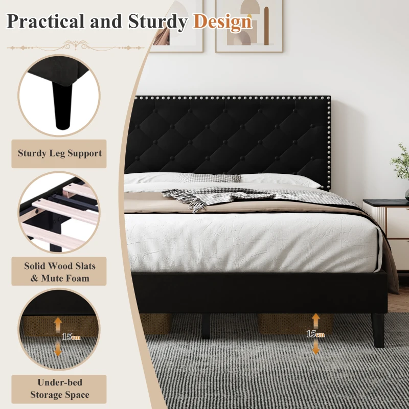 Upholstered Velvet Double Bed Base with Adjustable Wood Headboard, Solid Wood Slats, Easy Assembly, 193L x 141W x 110H cm, Black