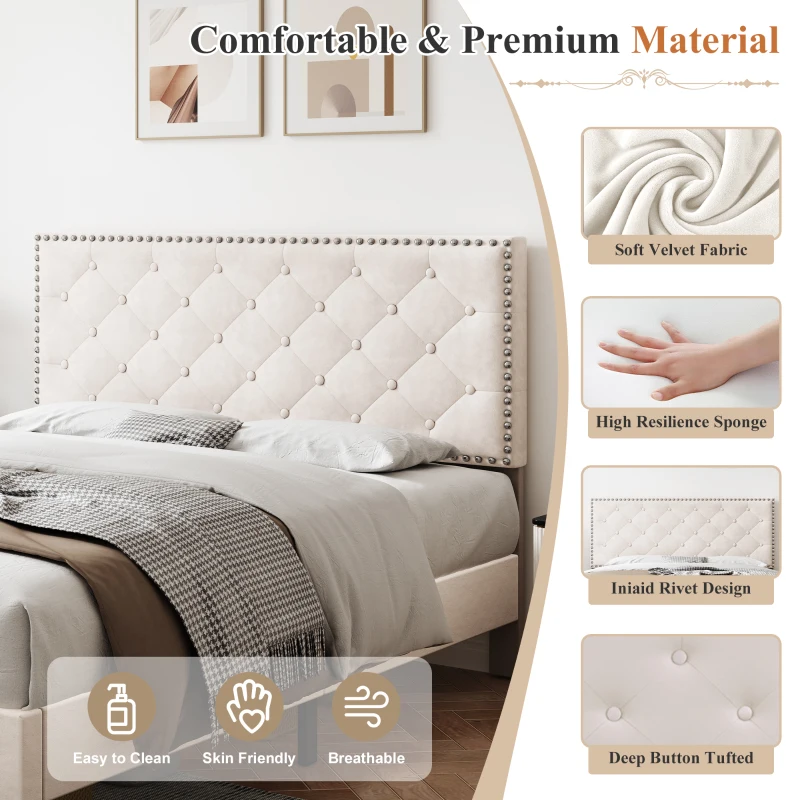 Double Upholstered Velvet Bedstead with Button-Tufted Headboard, Noise-Free Design, Solid Wood Slats, 193L x 141W x 110H cm, Beige