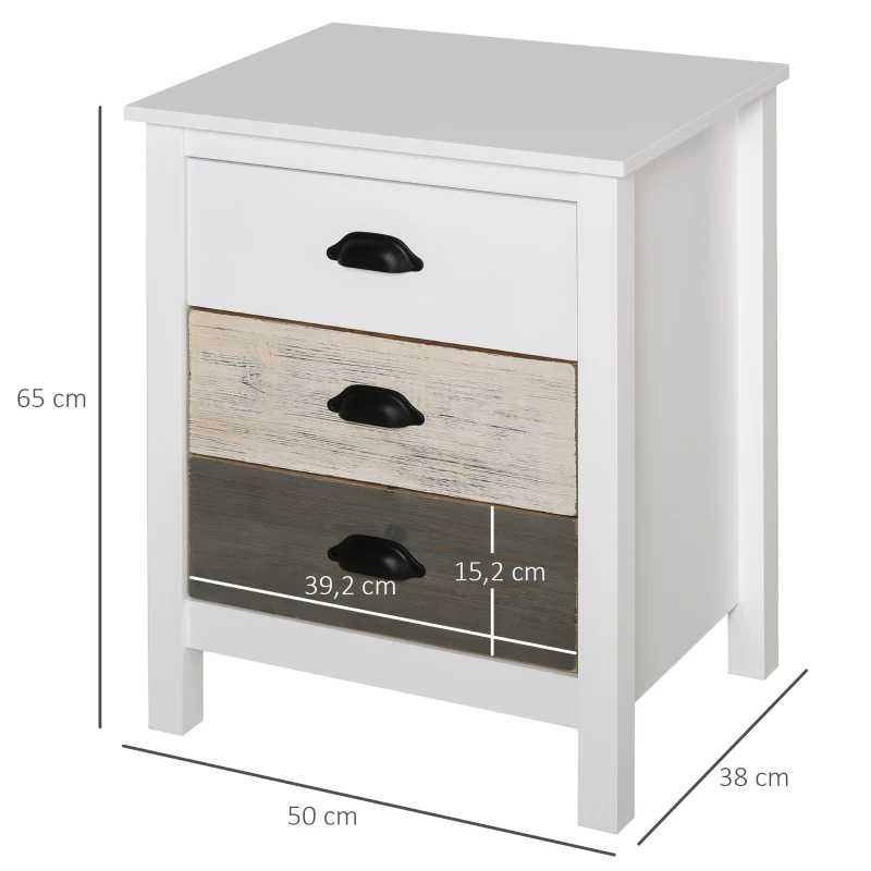 HOMCOM Mesa de Cabeceira Moderna Mesa de Cabeceira com 3 Gavetas Mesa de Cabeceira para Dormitório 50x38x65 cm Branco