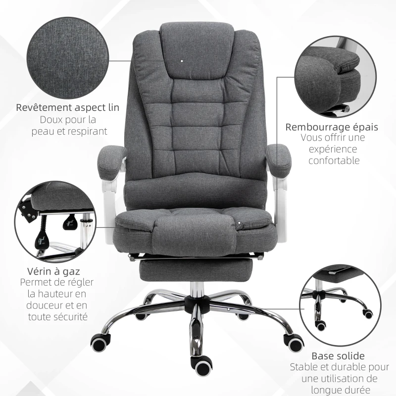 HOMCOM Fauteuil de bureau manager chaise pour ordinateur avec repose-pied dossier inclinable accoudoirs rembourrés en lin gris