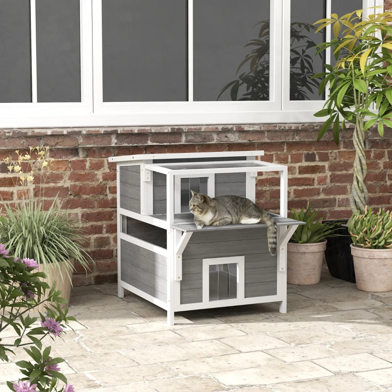 PawHut Tweekamer Kattenhuis met Balkon, Weerbestendige Kattenhut, Regen- en Zonnebescherming, voor Binnen en Buiten, Lichtgrijs