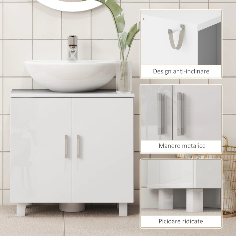 HOMCOM Mobilier Sub Chiuvetă pentru Baie cu 2 Uși, Raft Central, Mâner și Picioare Antiderapante, 60x35x60 cm, Alb Lucios(m-7)