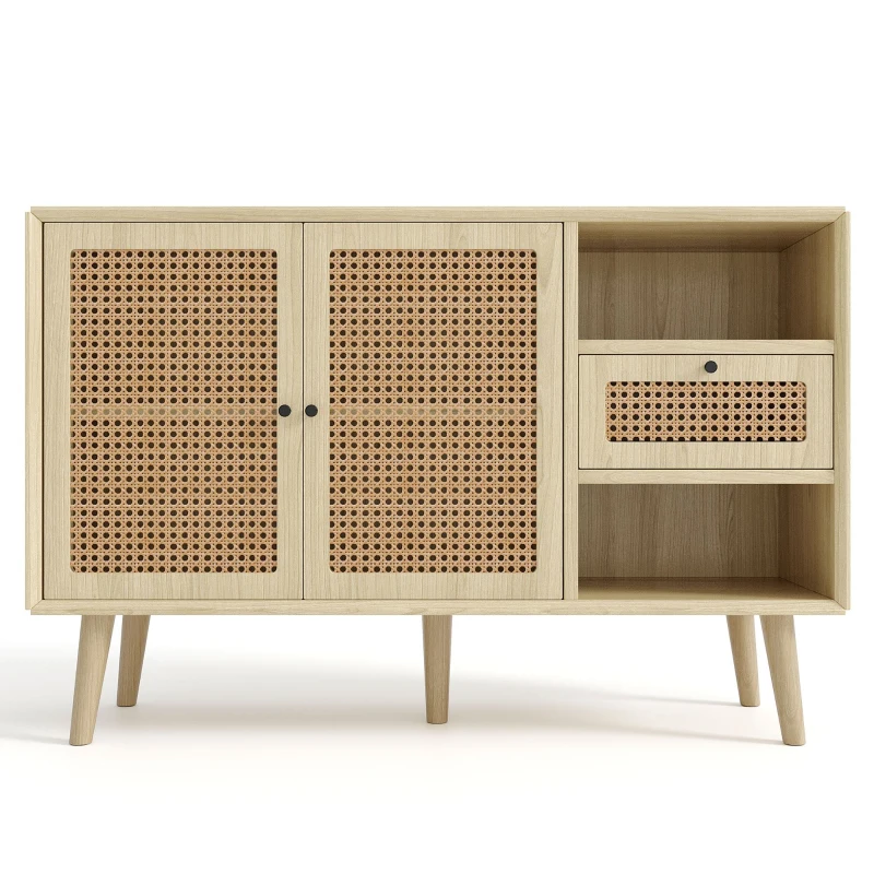 Modern Simple Sideboard with Woven Door Design, Drawers, and Unique Legs, 120L x 40W x 80H cm, Light Oak