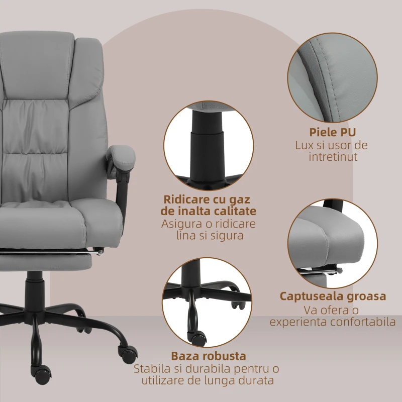 Vinsetto Fotoliu Reglabil pe Înălțime cu Tetieră și Suport pentru Picioare din Piele Artificială, 66x75x112-122 cm, Gri(m-8)