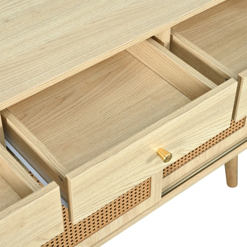 Modern Retro Rattan Door Sideboard with Adjustable Shelves, Smooth Slide Rail, and Wooden Frame, 120L x 40W x 78H cm, Light Oak