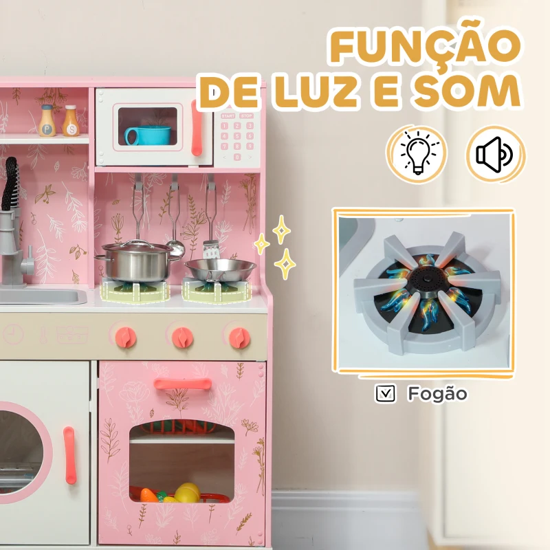 AIYAPLAY Cozinha de Madeira para Crianças com Sons Fogão Forno Micro-Ondas Máquina de Gelo e Acessórios 90x33,3x91,6 cm Rosa
