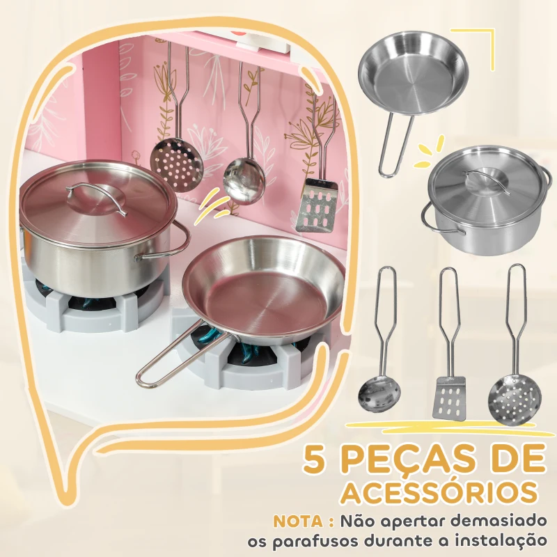AIYAPLAY Cozinha de Madeira para Crianças com Sons Fogão Forno Micro-Ondas Máquina de Gelo e Acessórios 90x33,3x91,6 cm Rosa