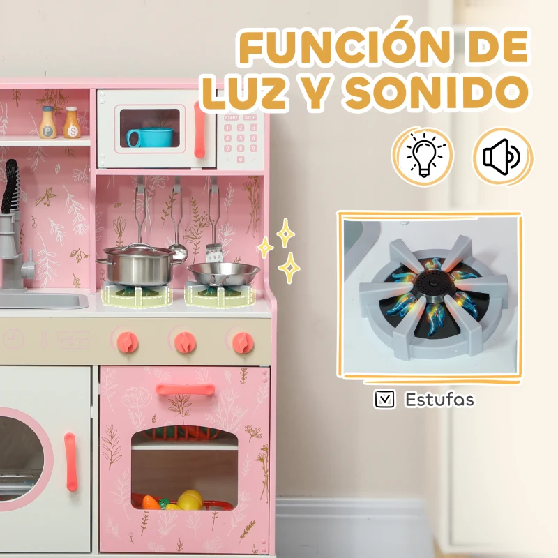 AIYAPLAY Cocina de Madera Infantil con Sonido Fogón Horno Grifo Fregadero Microondas Lavadora Máquina de Hielo Rosa