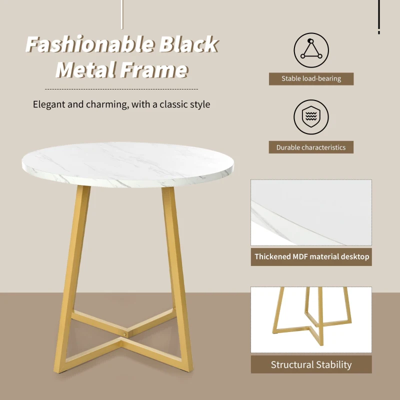 Modern Round Dining Table with Marble Pattern and Gold Metal Frame, Multi-Purpose Design, 80L x 80W x 75H cm, Gold+White
