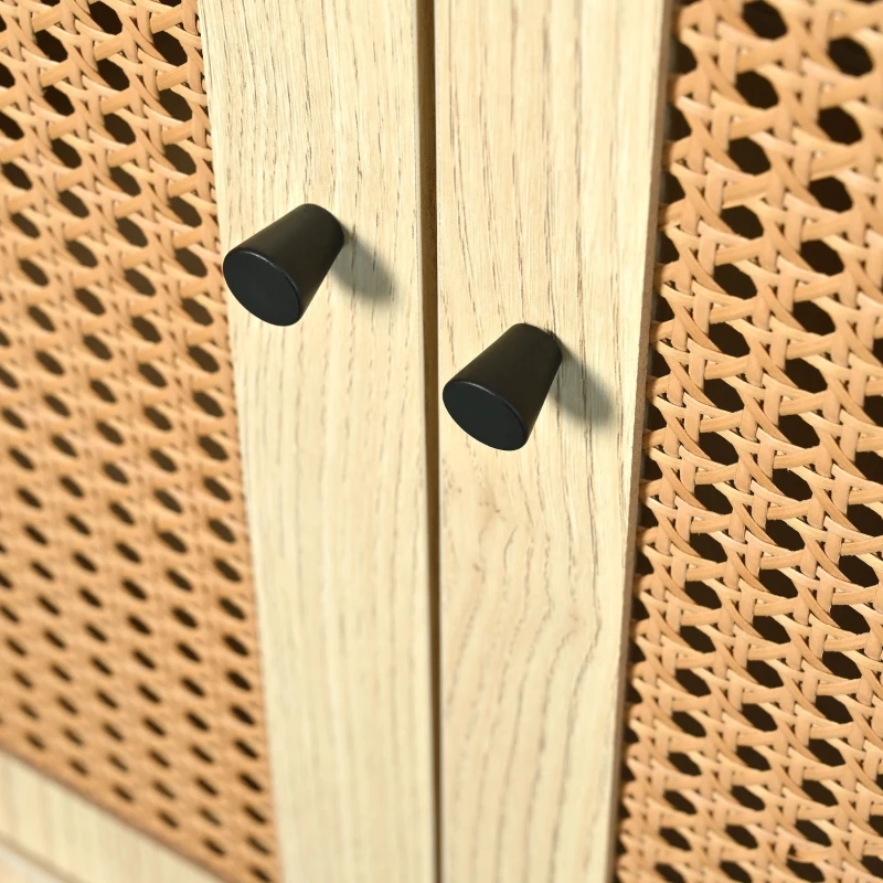 Modern Simple Sideboard with Woven Door Design, Drawers, and Unique Legs, 120L x 40W x 80H cm, Light Oak
