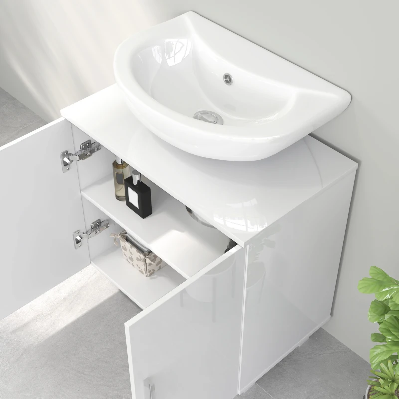 HOMCOM Mobilier Sub Chiuvetă pentru Baie cu 2 Uși, Raft Central, Mâner și Picioare Antiderapante, 60x35x60 cm, Alb Lucios(m-8)