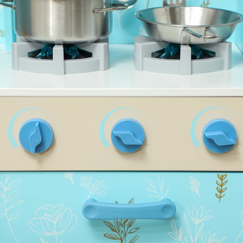 AIYAPLAY Cozinha de Madeira para Crianças com Sons Fogão Forno Micro-Ondas Máquina de Gelo e Acessórios 90x33,3x91,6 cm Azul