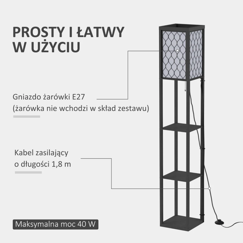 HOMCOM Lampa stojąca z półkami oświetlenie wewnętrzne e27 do 40w drewno czarna 26 x 26 x 160 cm