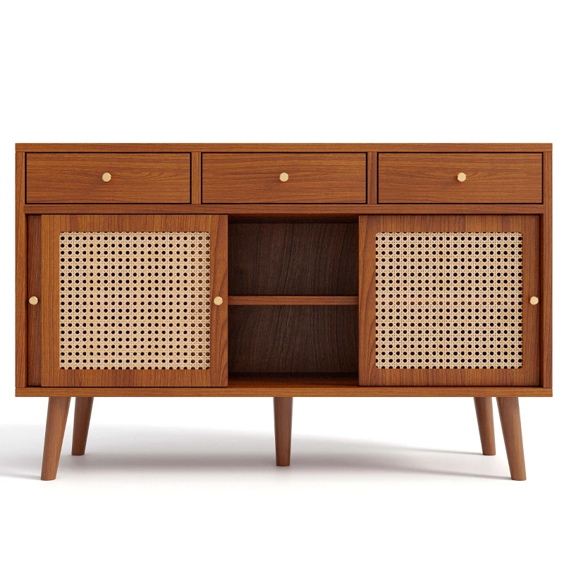 Retro Wooden Sideboard with Rattan Door Design, 3 Drawers and Storage Compartments, Ideal for Dining and Living Room, Natural Walnut