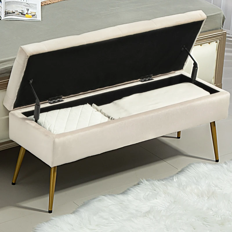 HOMCOM Opbergzitbank in Fluweellook, Gestoffeerde Voetenbank met Getuft Ontwerp, Metalen Frame, 102 x 35 x 43 cm, Beige