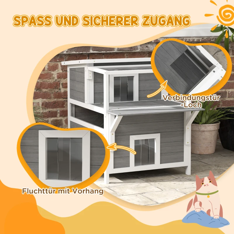 PawHut Tweekamer Kattenhuis met Balkon, Weerbestendige Kattenhut, Regen- en Zonnebescherming, voor Binnen en Buiten, Lichtgrijs