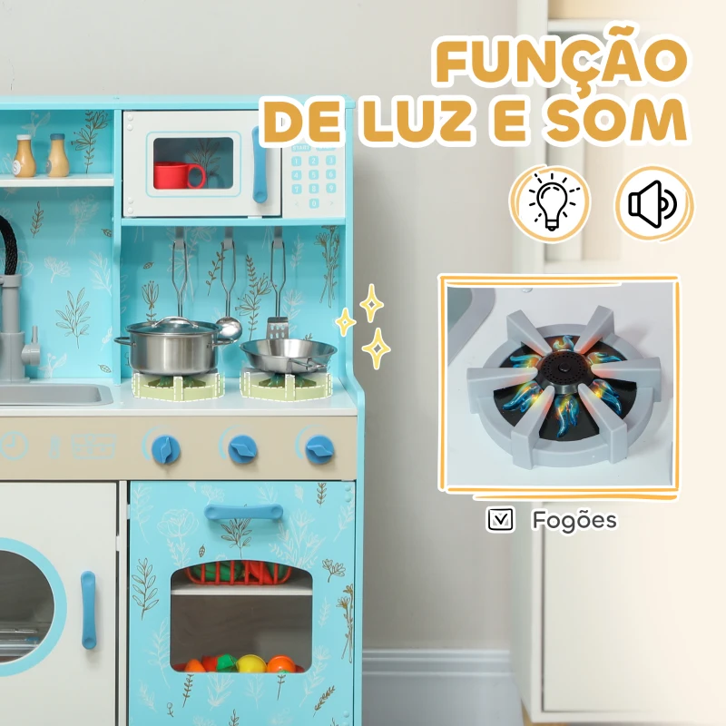 AIYAPLAY Cozinha de Madeira para Crianças com Sons Fogão Forno Micro-Ondas Máquina de Gelo e Acessórios 90x33,3x91,6 cm Azul