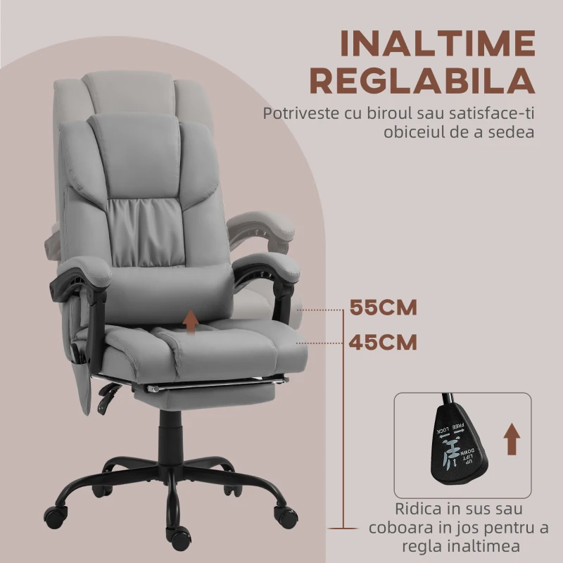 Vinsetto Fotoliu Reglabil pe Înălțime cu Tetieră și Suport pentru Picioare din Piele Artificială, 66x75x112-122 cm, Gri(m-4)