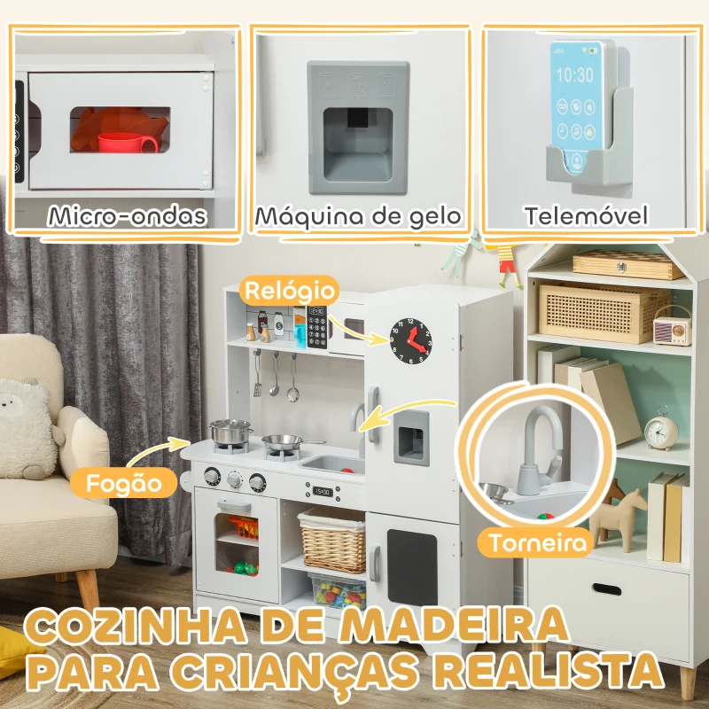 AIYAPLAY Cozinha de Madeira para Crianças com Fogão Lavatório Micro-Ondas Relógio Máquina de Gelo e Acessórios 100,5x41x110 cm Brancp