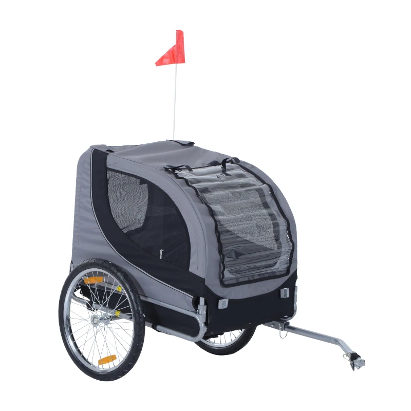 PawHut Hundeanhänger Fahrradanhänger bis 20kg klappbar mit Universalkupplung Reflektoren Flagge lagerbar Stahl+Polyster Grau+Schwarz 130 x 73 x 90cm