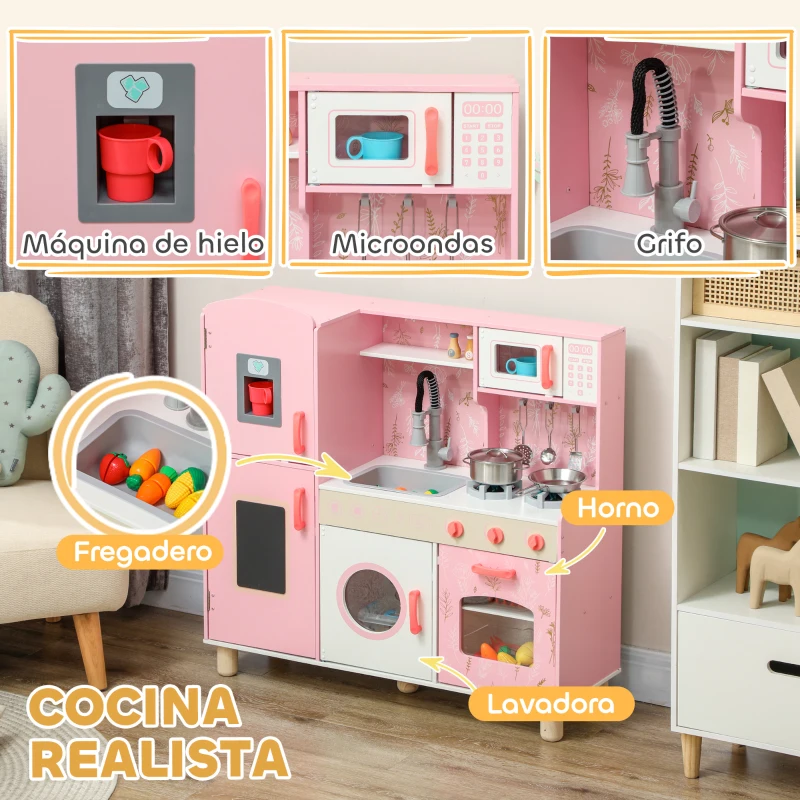 AIYAPLAY Cocina de Madera Infantil con Sonido Fogón Horno Grifo Fregadero Microondas Lavadora Máquina de Hielo Rosa