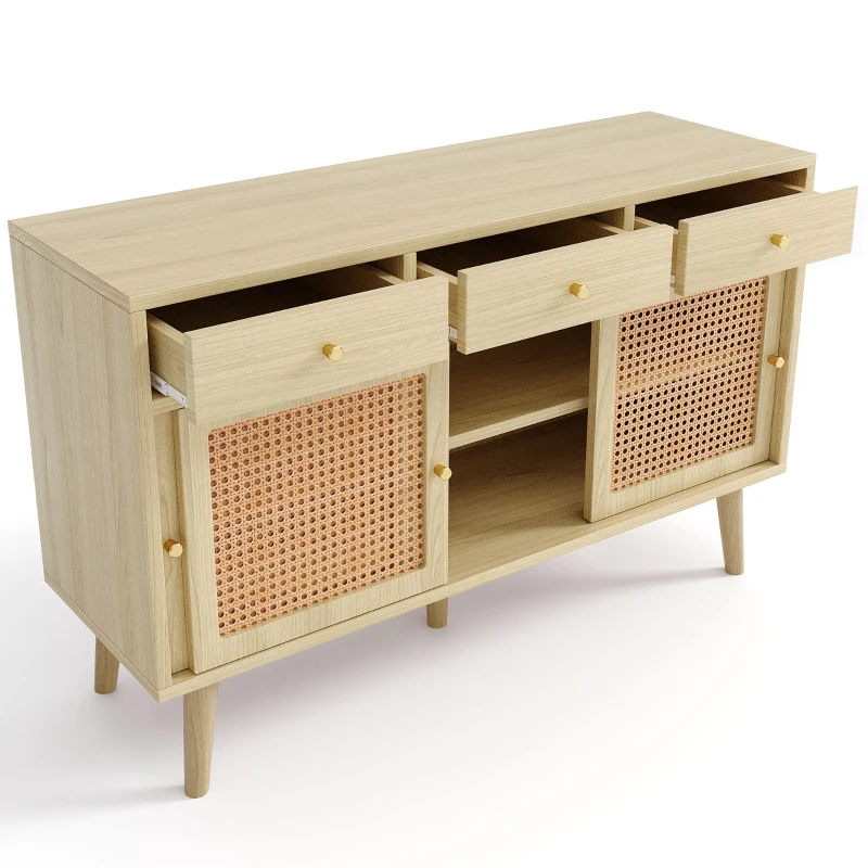 Modern Retro Rattan Door Sideboard with Adjustable Shelves, Smooth Slide Rail, and Wooden Frame, 120L x 40W x 78H cm, Light Oak