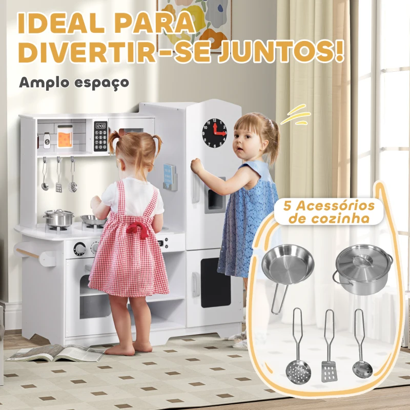 AIYAPLAY Cozinha de Madeira para Crianças com Fogão Lavatório Micro-Ondas Relógio Máquina de Gelo e Acessórios 100,5x41x110 cm Brancp