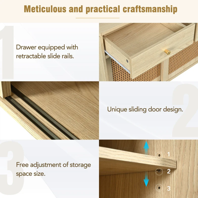 Modern Retro Rattan Door Sideboard with Adjustable Shelves, Smooth Slide Rail, and Wooden Frame, 120L x 40W x 78H cm, Light Oak
