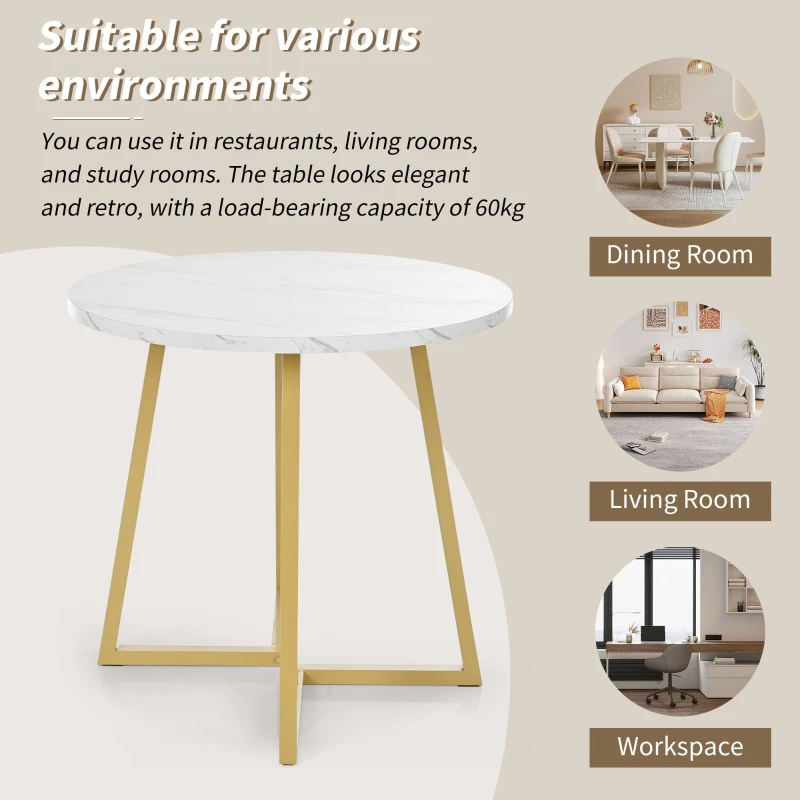 Modern Round Dining Table with Marble Pattern and Gold Metal Frame, Multi-Purpose Design, 80L x 80W x 75H cm, Gold+White