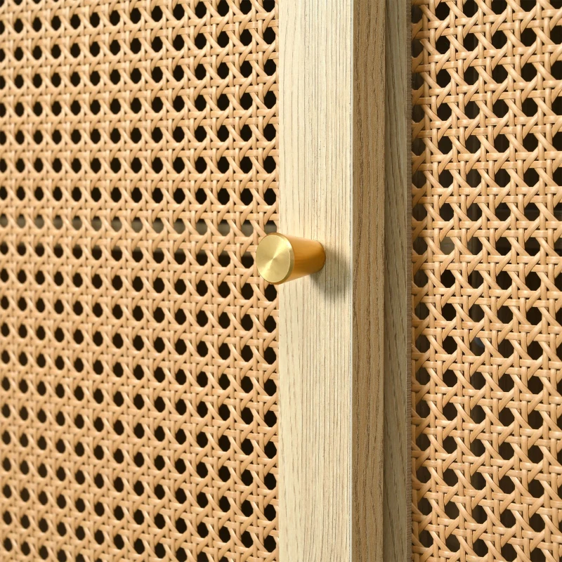 Modern Retro Rattan Door Sideboard with Adjustable Shelves, Smooth Slide Rail, and Wooden Frame, 120L x 40W x 78H cm, Light Oak