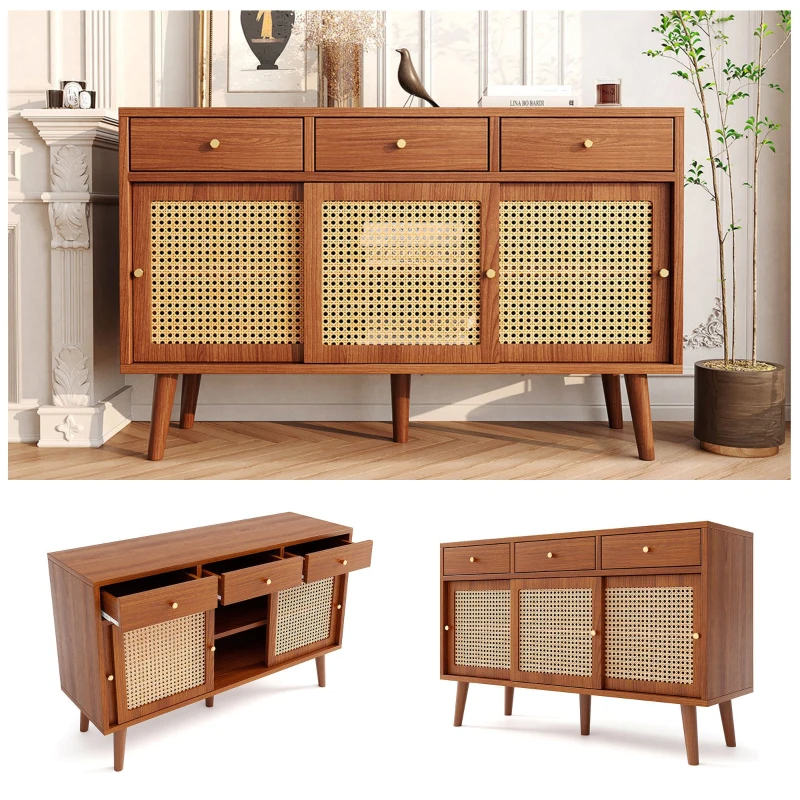 Retro Wooden Sideboard with Rattan Door Design, 3 Drawers and Storage Compartments, Ideal for Dining and Living Room, Natural Walnut
