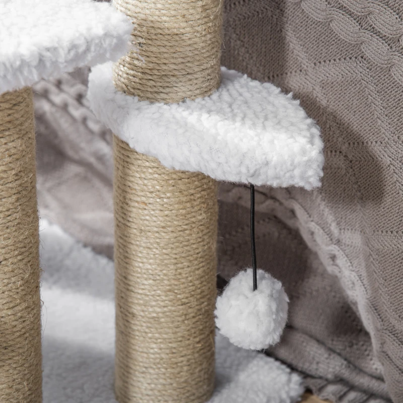 PawHut Katzentreppe 3-stufige Haustiertreppe mit Kratzsäulen Ball Hundetreppe Tiertreppe für Katzen bis 5 kg Plüsch Jute Weiß 45 x 40 x 48 cm