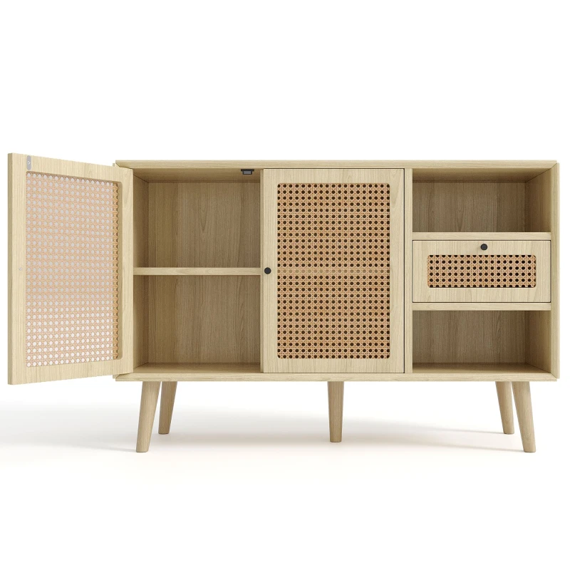 Modern Simple Sideboard with Woven Door Design, Drawers, and Unique Legs, 120L x 40W x 80H cm, Light Oak